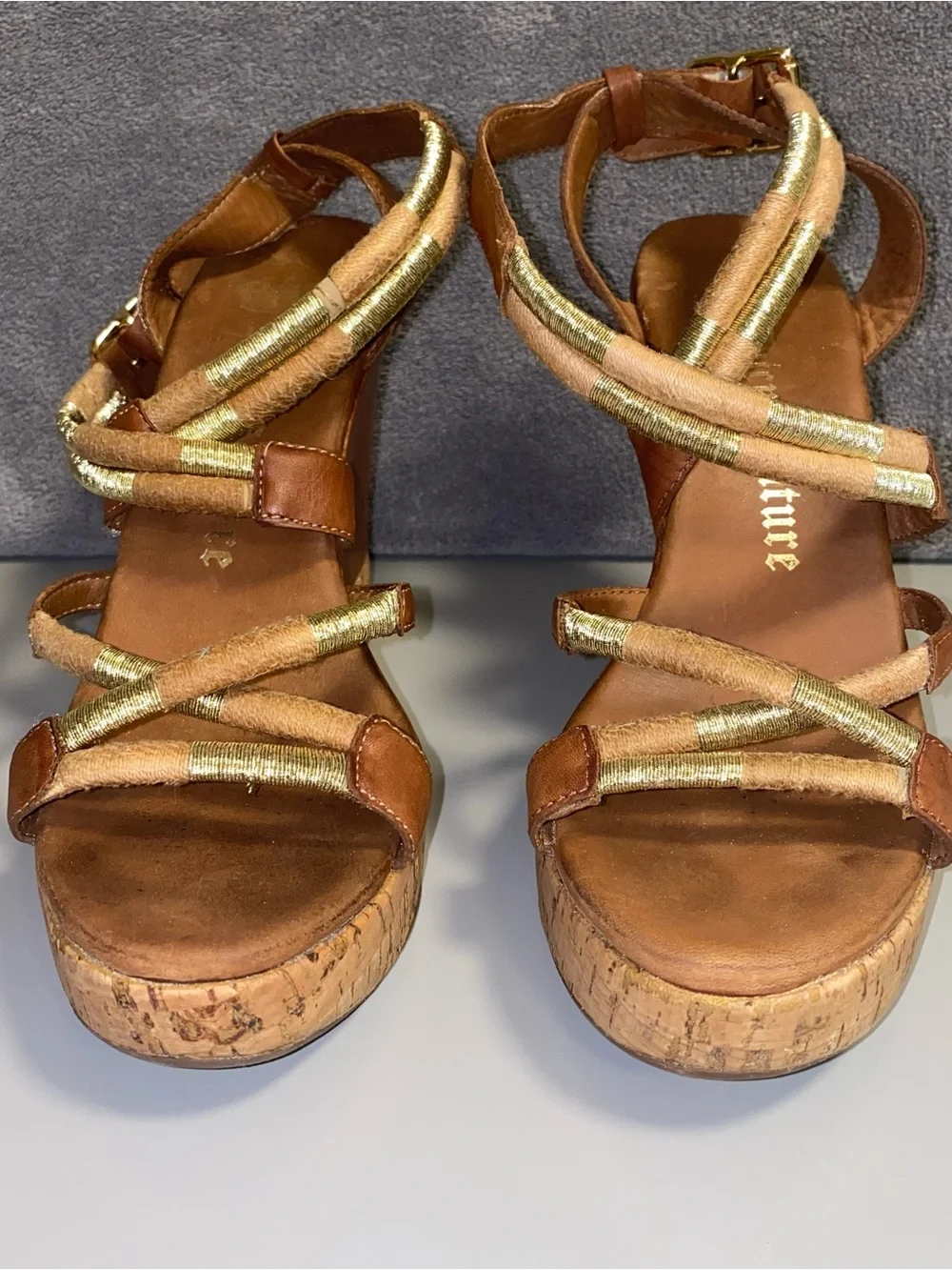 Juicy Couture Brown Gold Strap Cork Wedge Sandals 6.5